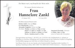 Traueranzeige Hannelore Zankl