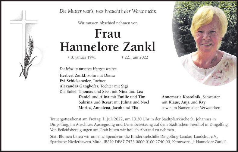 Traueranzeige Hannelore Zankl