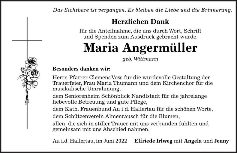Traueranzeige Maria Angermüller