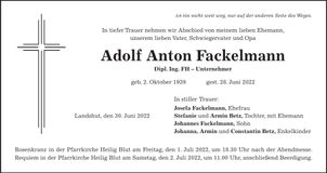 Traueranzeige Adolf Anton Fackelmann