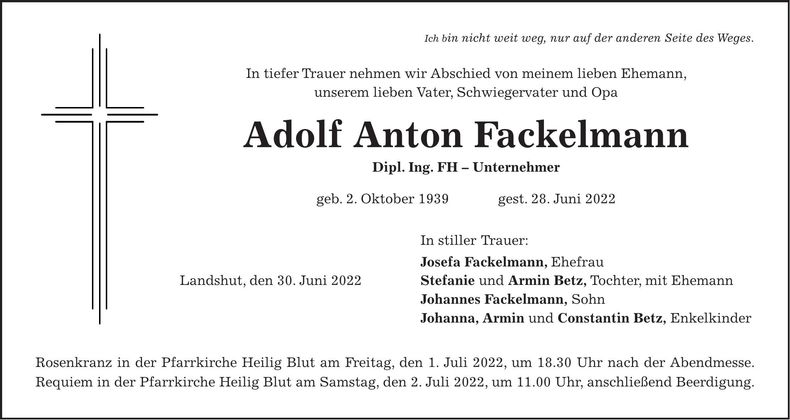 Traueranzeige Adolf Anton Fackelmann