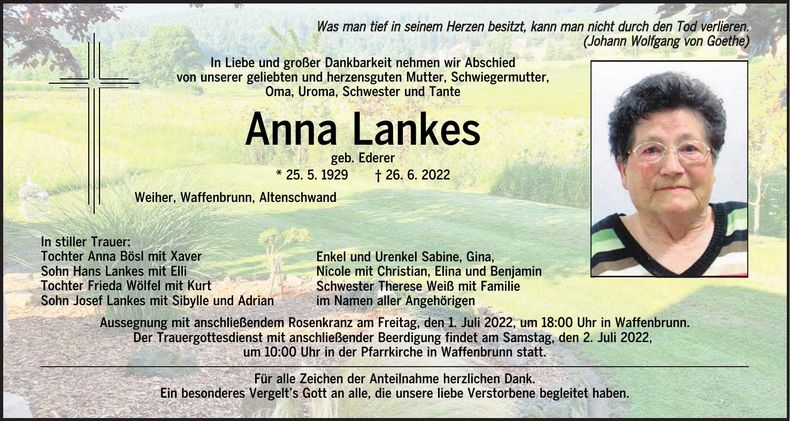 Traueranzeige Anna Lankes