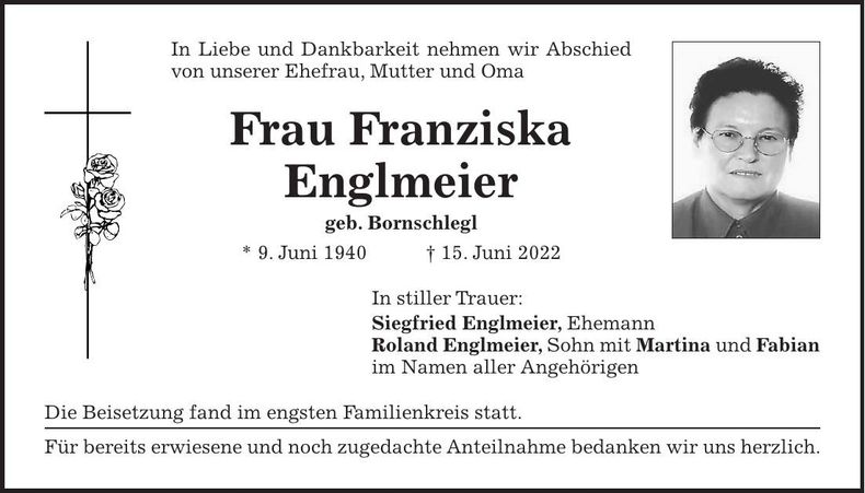 Traueranzeige Franziska Englmeier