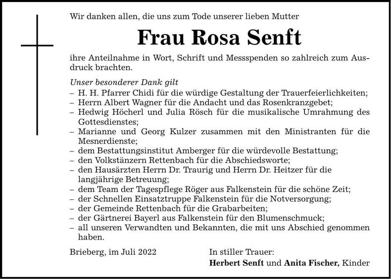 Traueranzeige Rosa Senft