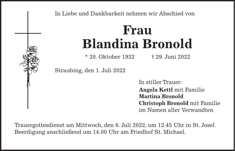 Traueranzeige Blandina Bronold