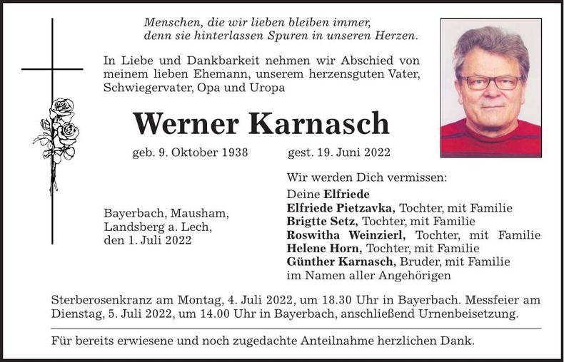 Traueranzeige Werner Karnasch