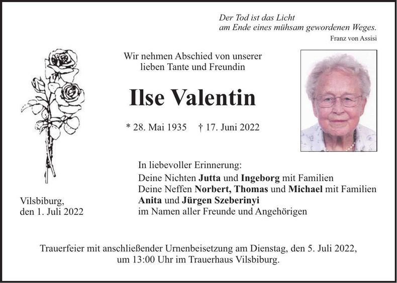 Traueranzeige Ilse Valentin