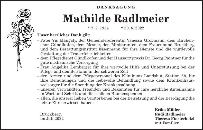 Traueranzeige Mathilde Radlmeier