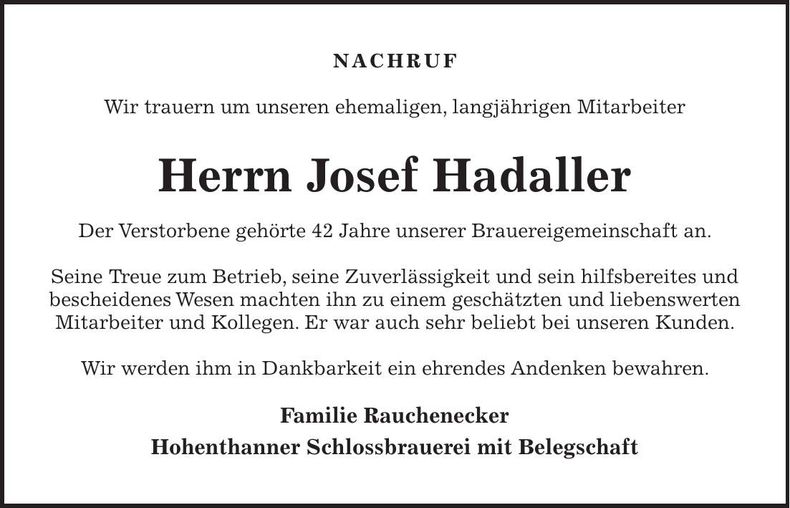 Traueranzeige Josef Hadaller