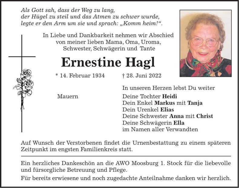 Traueranzeige Ernestine Hagl