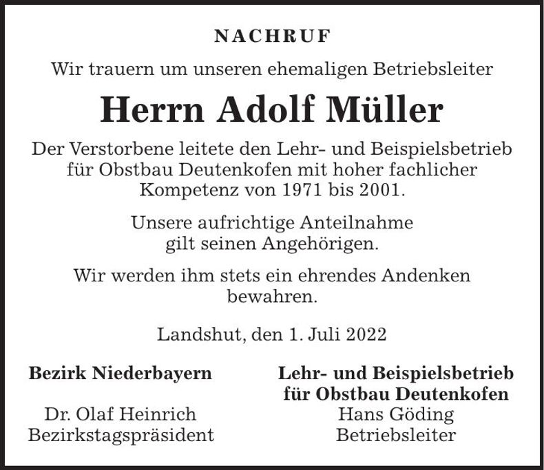 Traueranzeige Adolf Müller