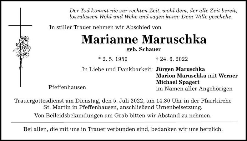 Traueranzeige Marianne Maruschka
