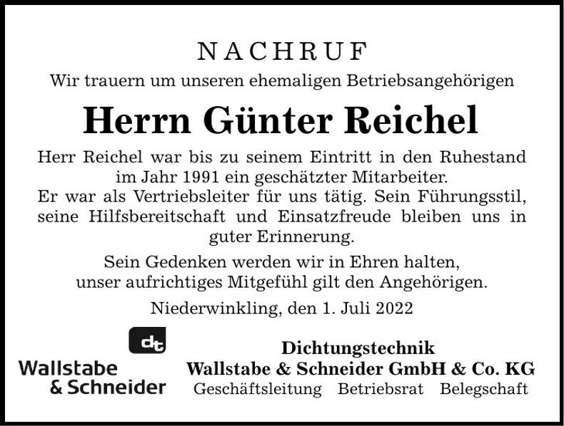 Traueranzeige Günther Reichel