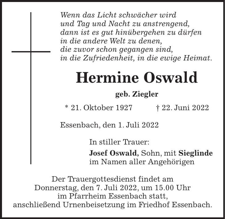 Traueranzeige Hermine Oswald