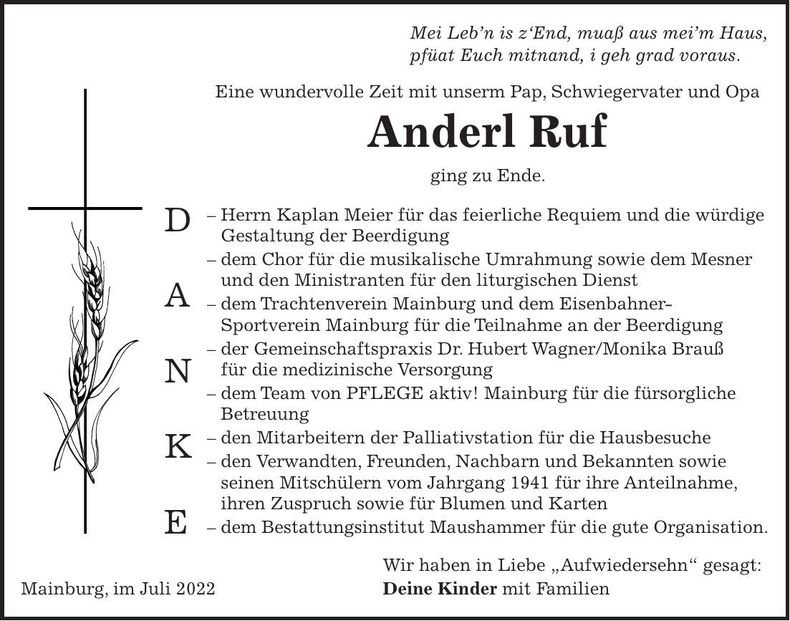 Traueranzeige Anderl Ruf