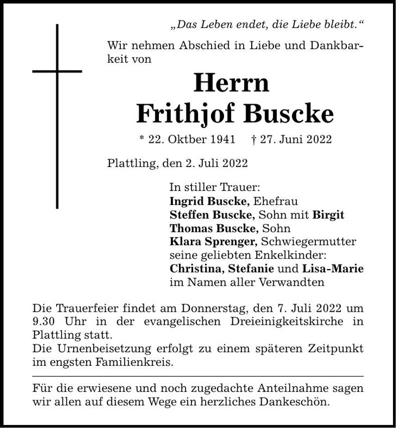 Traueranzeige Frithjof Buscke