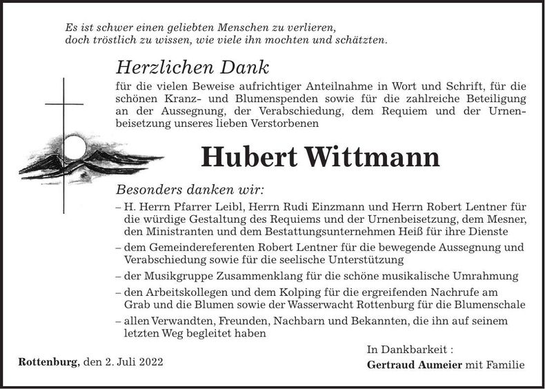 Traueranzeige Hubert Wittmann