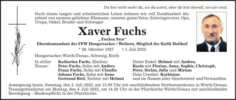Traueranzeige Xaver Fuchs