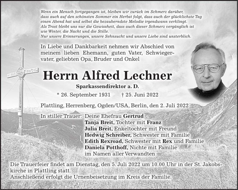 Traueranzeige Alfred Lechner