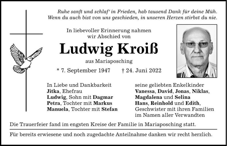 Traueranzeige Ludwig Kroiß