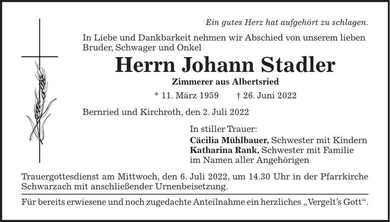 Traueranzeige Johann Stadler