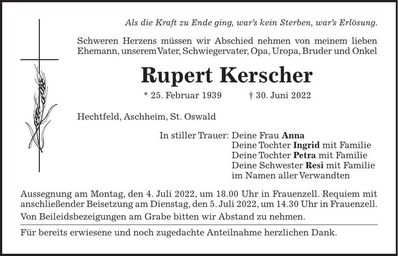 Traueranzeige Rupert Kerscher
