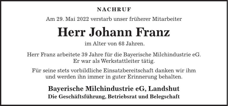 Traueranzeige Johann Franz