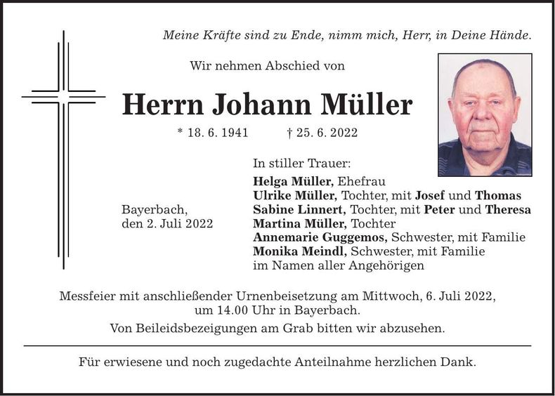 Traueranzeige Johann Müller