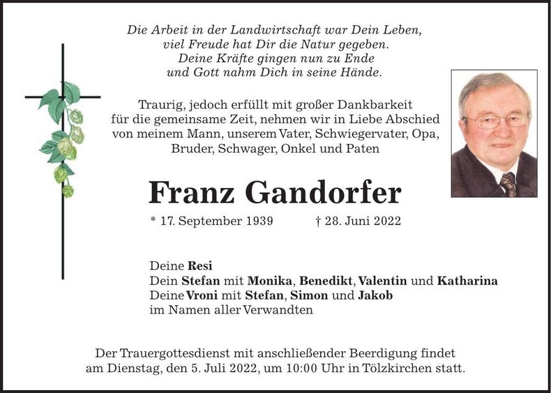 Traueranzeige Franz Gandorfer