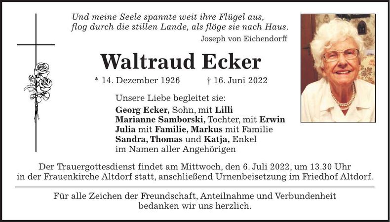 Traueranzeige Waltraud Ecker