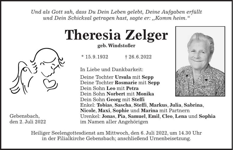 Traueranzeige Theresia Zelger