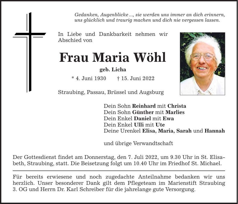 Traueranzeige Maria Wöhl