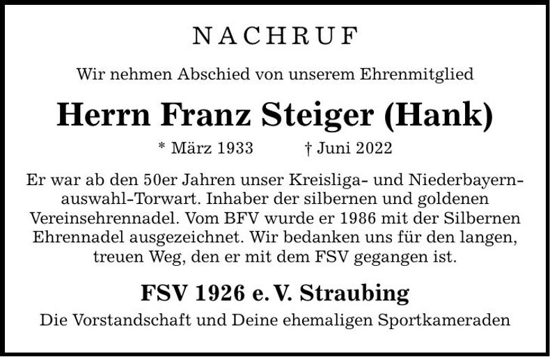 Traueranzeige Franz Steiger