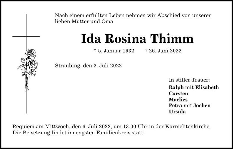 Traueranzeige Ida Rosina Thimm