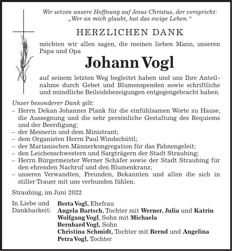 Traueranzeige Johann Vogl