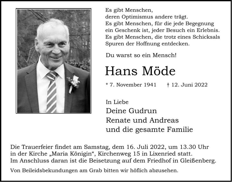 Traueranzeige Hans Möde