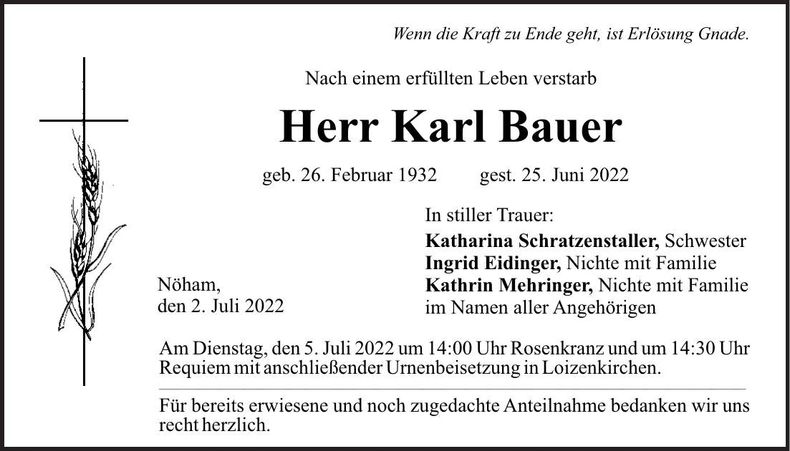 Traueranzeige Karl Bauer