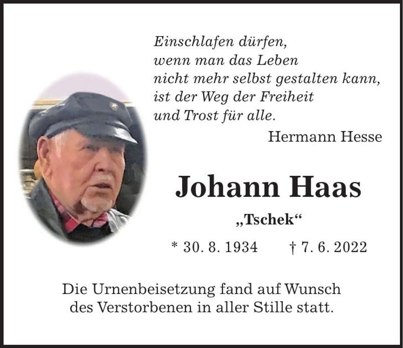 Traueranzeige Johann Haas