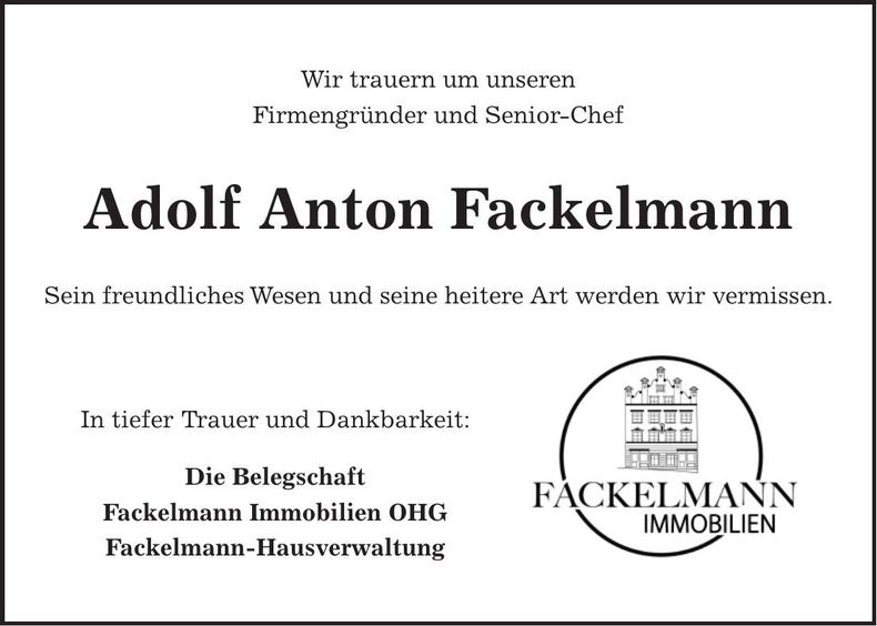 Traueranzeige Adolf Anton Fackelmann