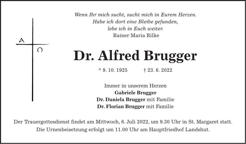 Traueranzeige Alfred Brugger