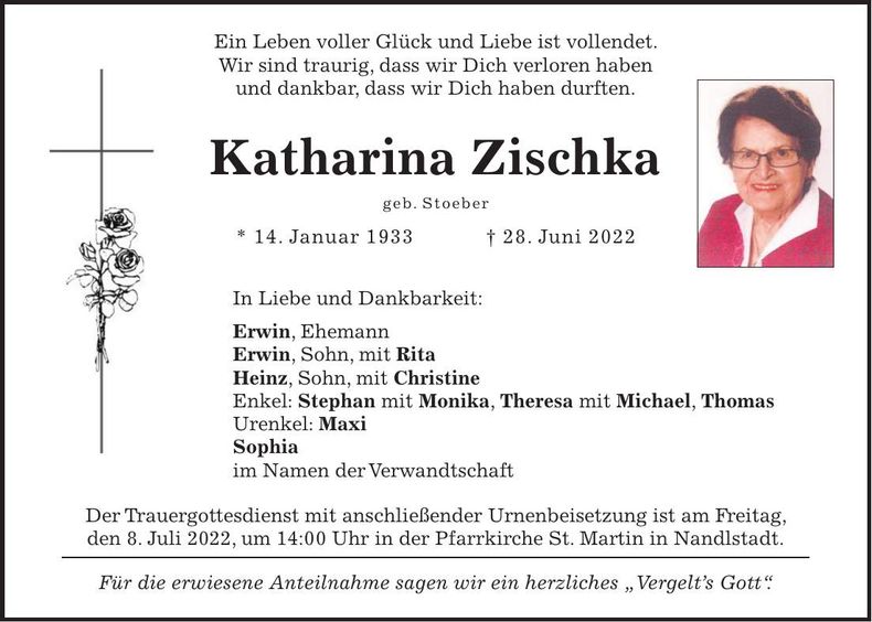 Traueranzeige Katharina Zischka