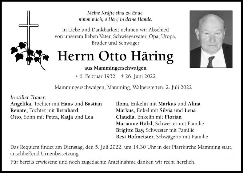 Traueranzeige Otto Häring