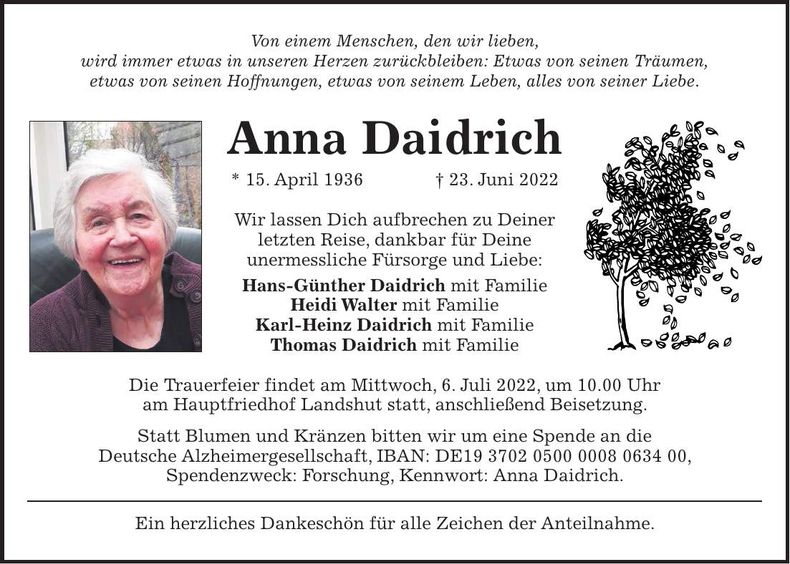 Traueranzeige Anna Daidrich
