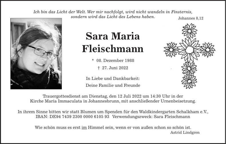 Traueranzeige Sara Fleischmann