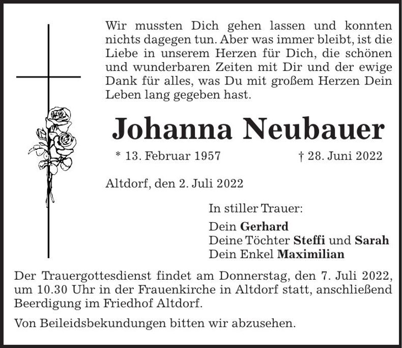 Traueranzeige Johanna Neubauer