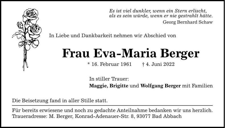 Traueranzeige Eva-Maria Antonie Berger