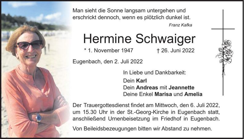 Traueranzeige Hermine Schwaiger
