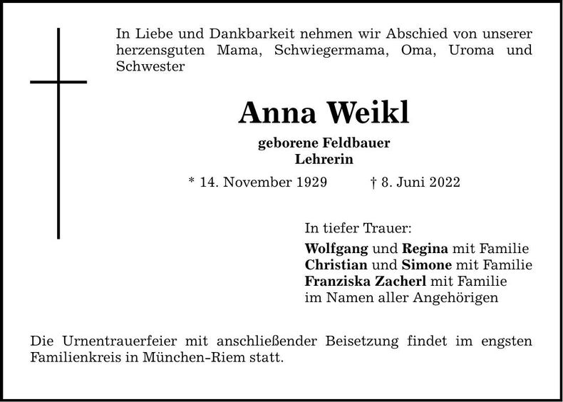 Traueranzeige Anna Weikl