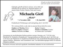 Traueranzeige Michaela "Michi" Gietl