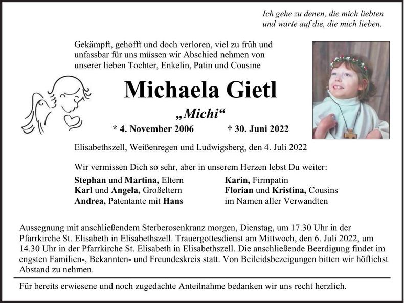 Traueranzeige Michaela "Michi" Gietl